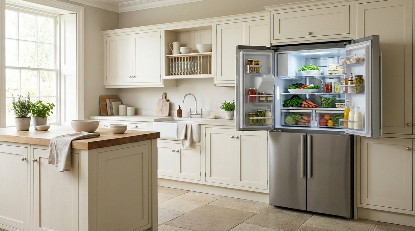 Open fridge interior showing fresh compartment, freezer drawer and adjustable shelves