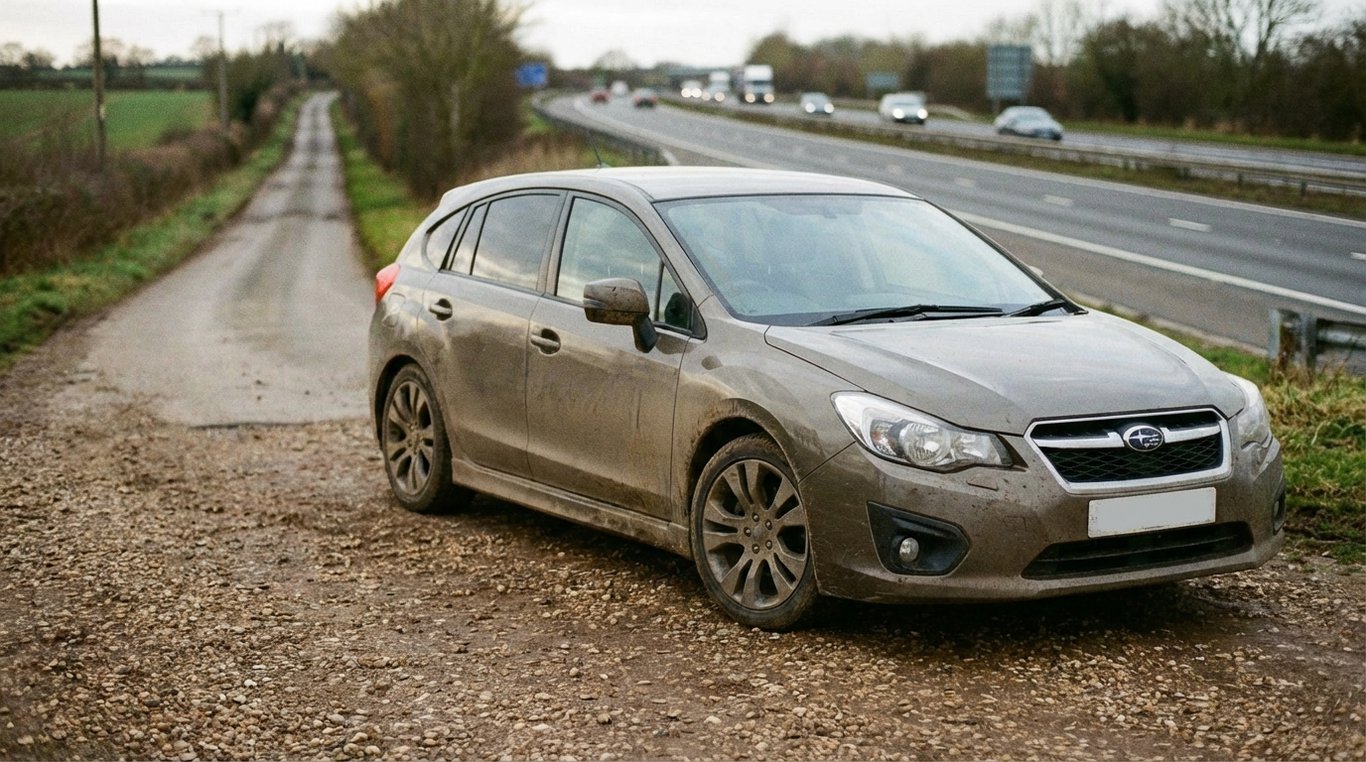 Mid-size hatchback on a mixed road with motorway and chipseal visible