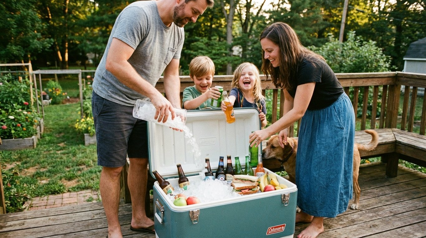 Family packing a cooler with ice and drinks on a deck