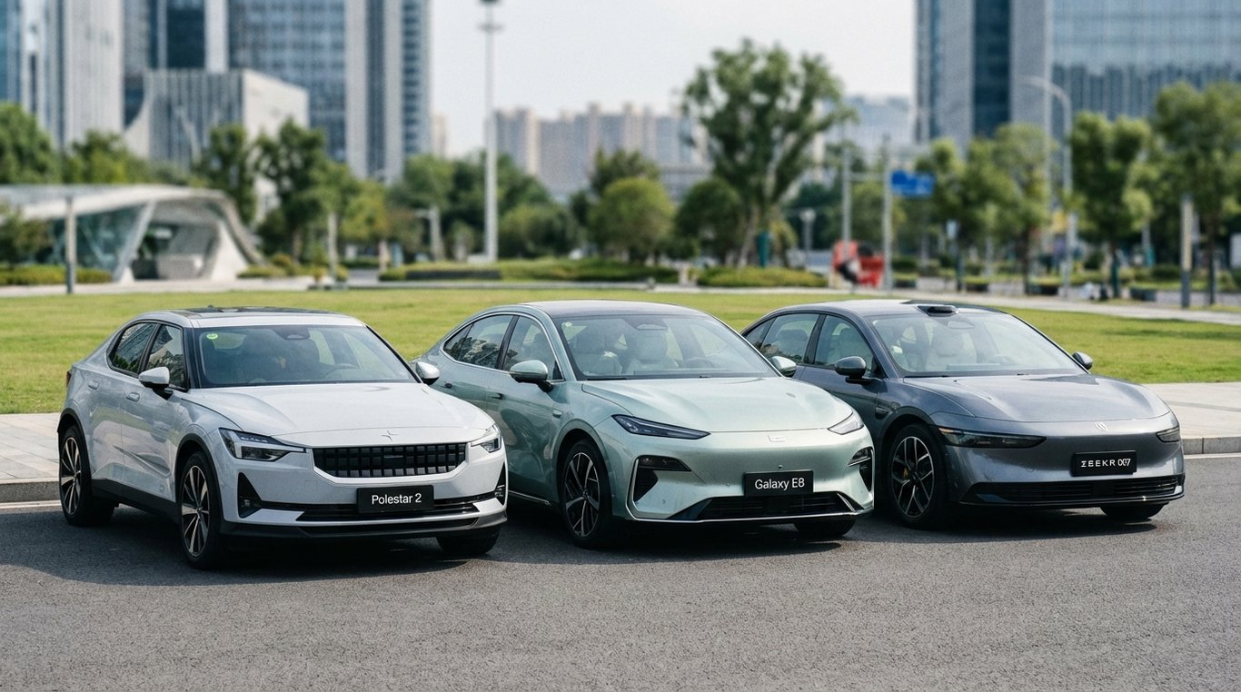 Three electric cars parked side-by-side showing Polestar, Geely and Zeekr badges