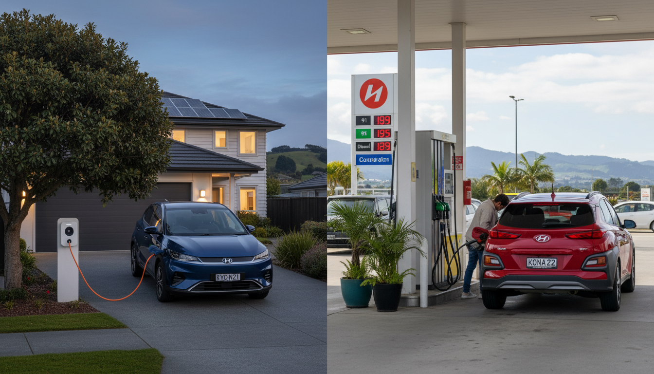 Split-scene: BYD Atto 3 charging at a suburban NZ driveway with solar panels, and a Hyundai Kona refuelling at a petrol station under a fuel price sign.