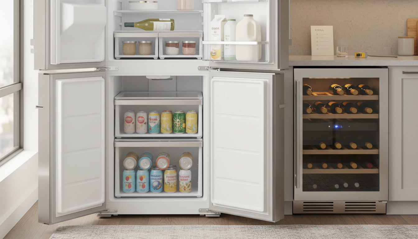 Open modern fridge with beverage drawer of cans, interior bottles, door bins with jugs, and adjacent glass‑door wine cooler on a kitchen bench with a tape measure and checklist.