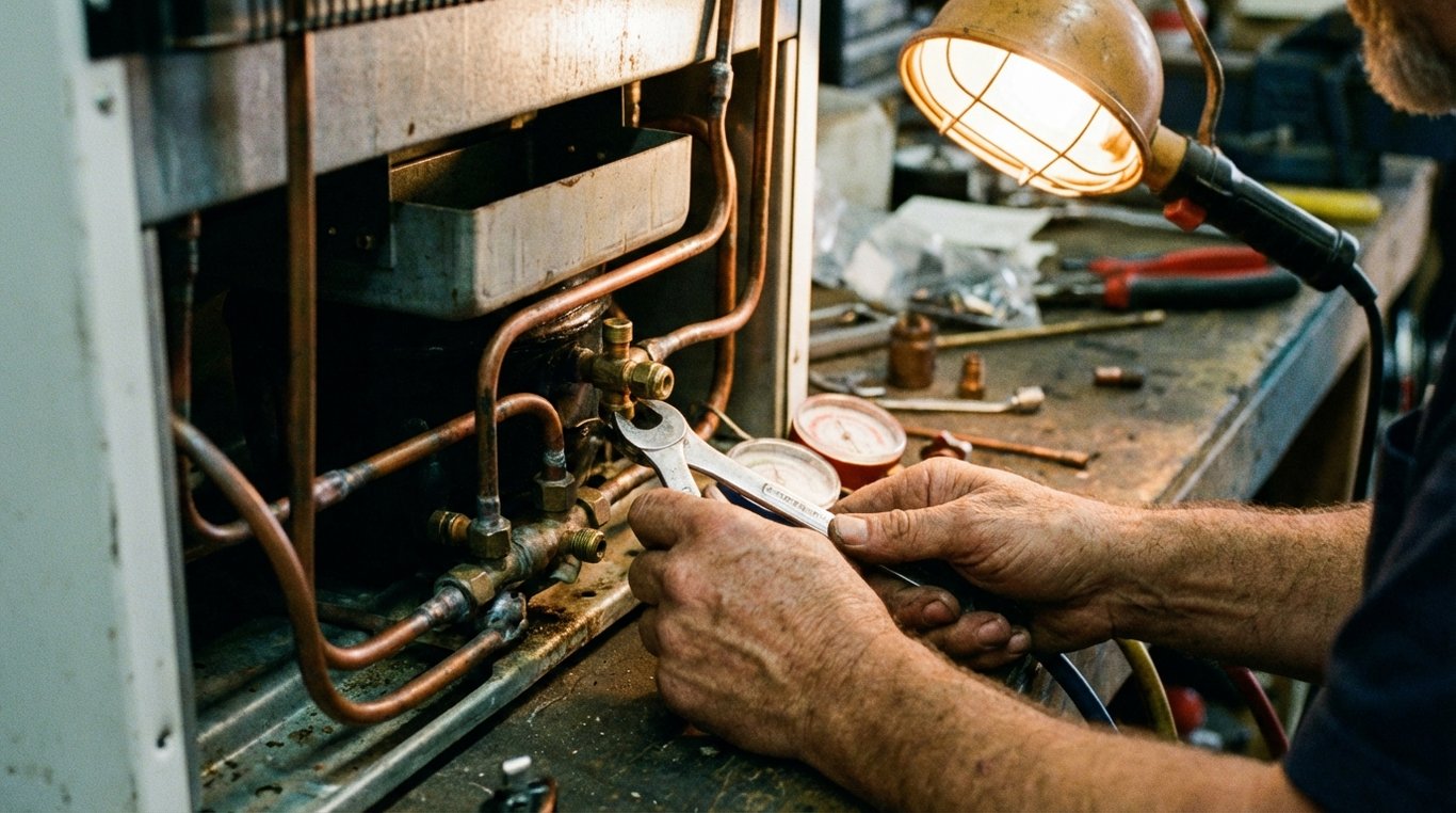 Technician working on refrigerant lines at the back of a refrigerator