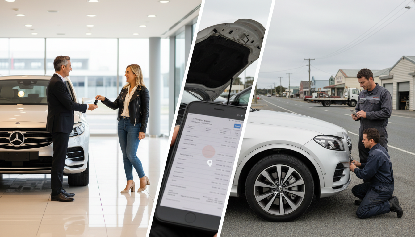 Split scene: glossy showroom with a proud buyer and premium SUV, contrasted with a worried owner checking a service bill beside their car at a regional service centre.