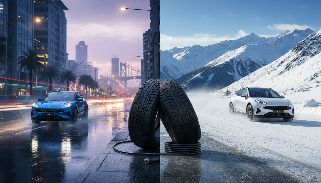 Split-scene NZ image: AWD EV climbing snowy gravel, RWD EV charging on suburban driveway with winter tyres and chains nearby, alpine mountains in background.