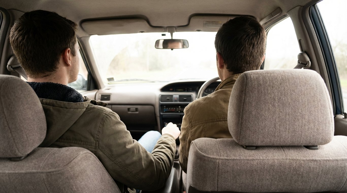 Two occupants side-by-side in a car front row showing elbow and shoulder clearance