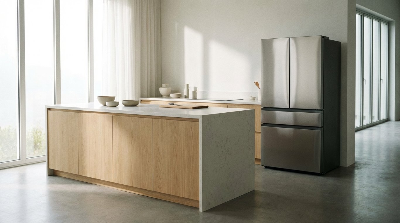 Modern kitchen interior with a stainless steel refrigerator seen three-quarters from the front
