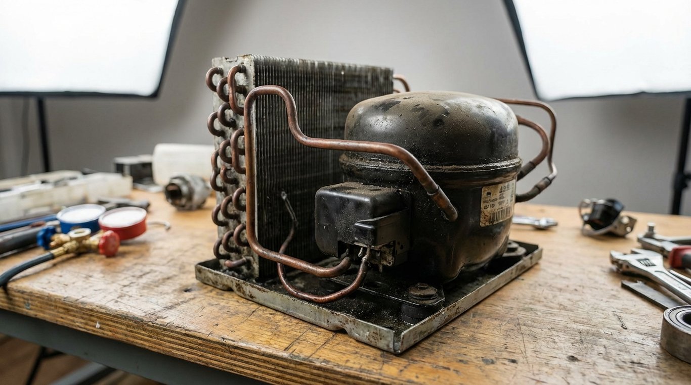 Fridge compressor and evaporator coils on a service bench