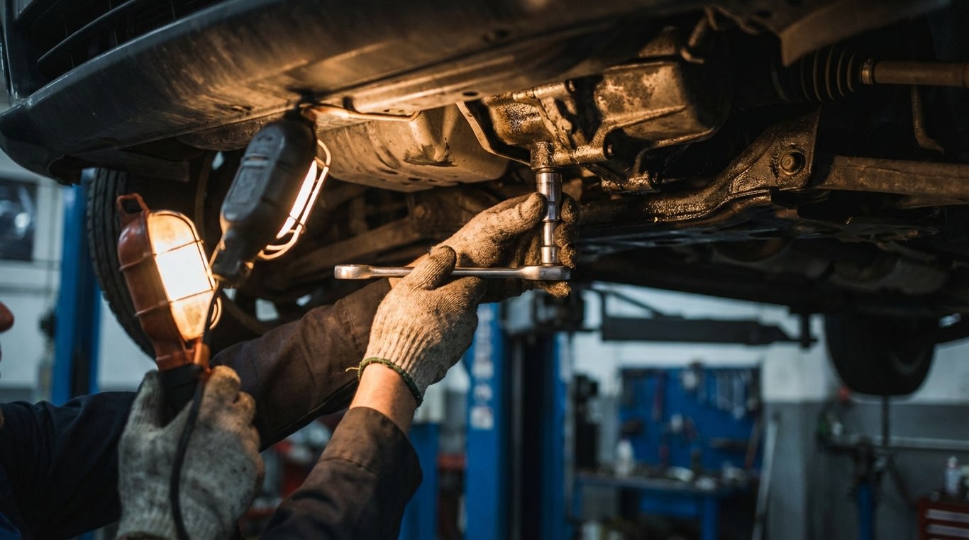 Technician working under a car in a service bay