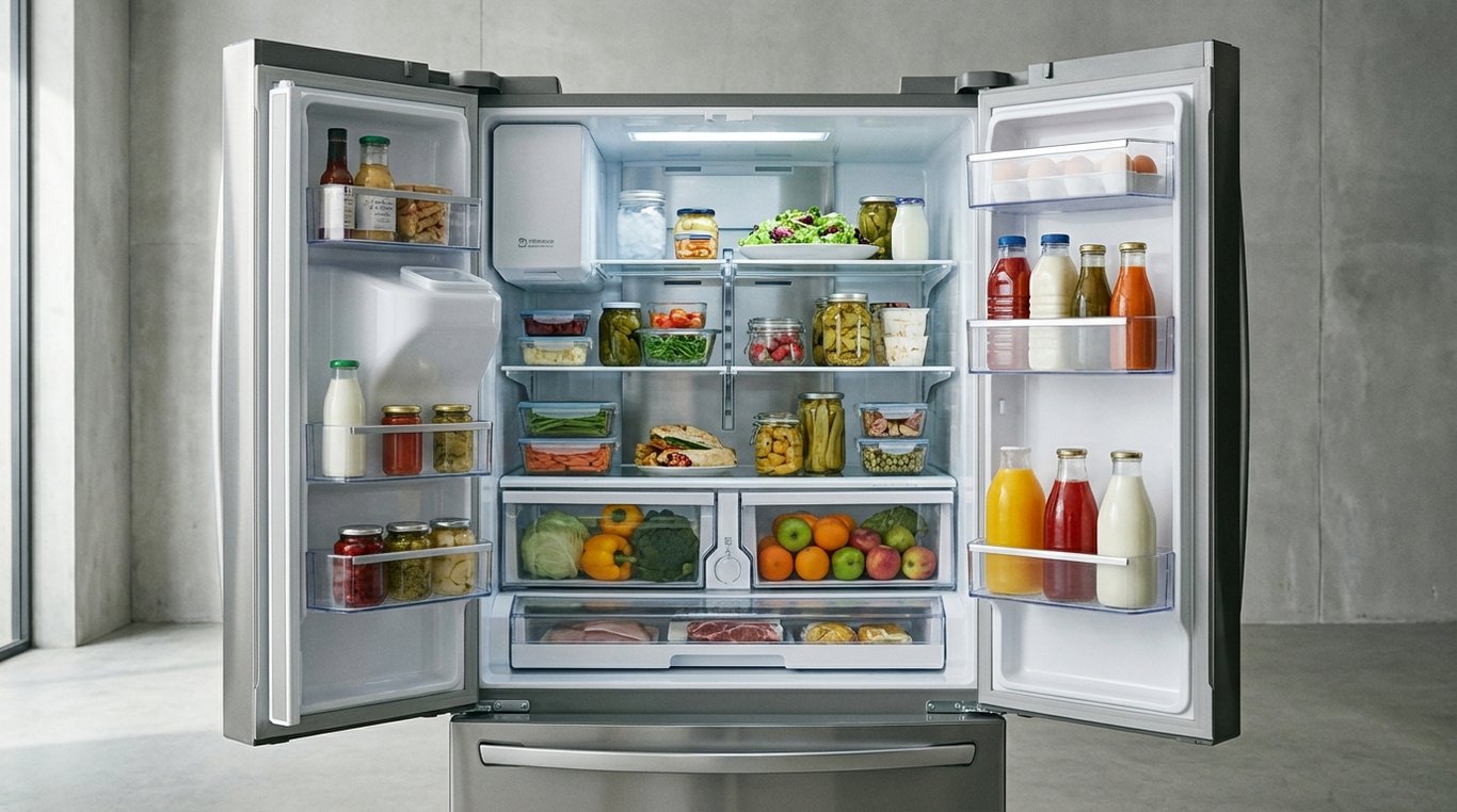 Open refrigerator interior showing shelves, drawers, door bins and an ice maker