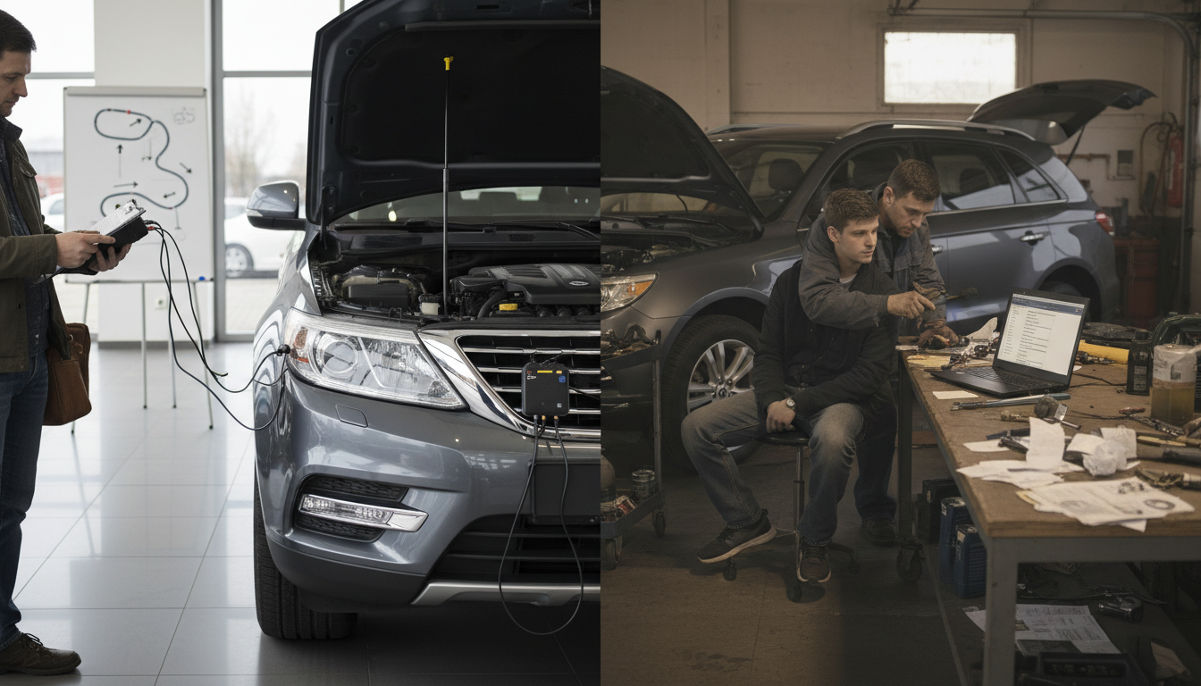 Split image: road‑test scene with reviewer and instrument pack on left; mechanic inspecting car and owner checking forum on laptop on right.