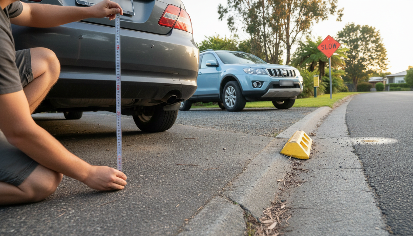 Low-angle photo of a person measuring a car's underside clearance near a speed hump, with a higher SUV and visible skid plate in the background.