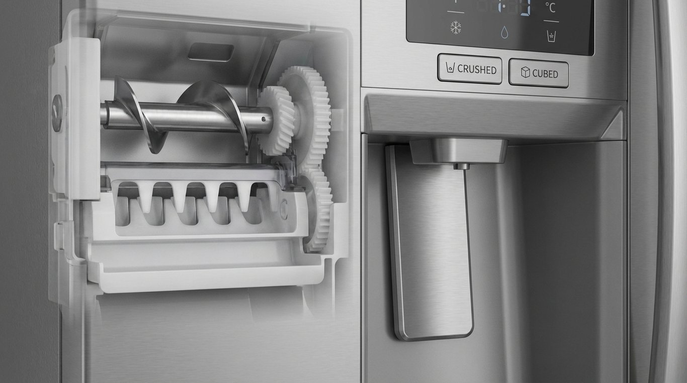 Close-up of a fridge ice maker and door dispenser assembly