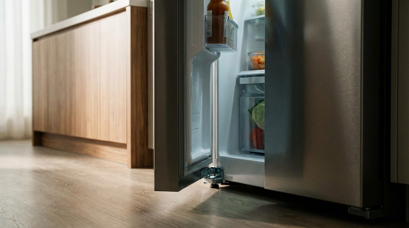 Fridge door opened 90 degrees with visible clearance to nearby kitchen island