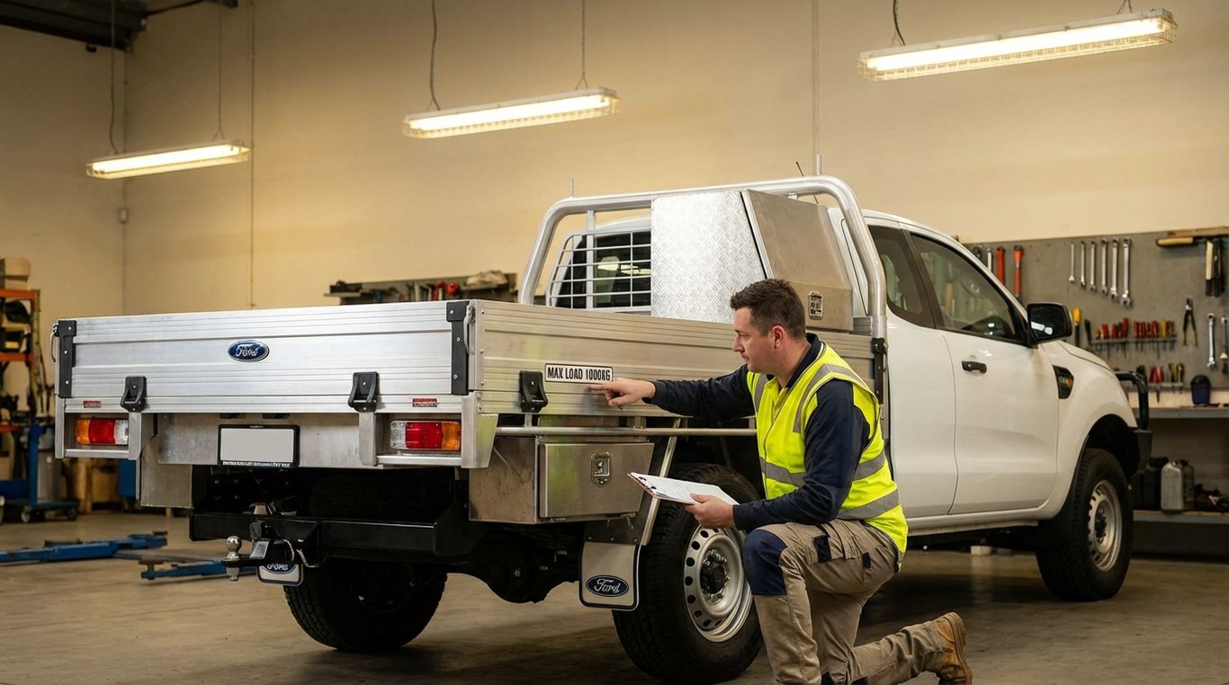 Ute tray with canopy, ladder racks and a mounted toolbox