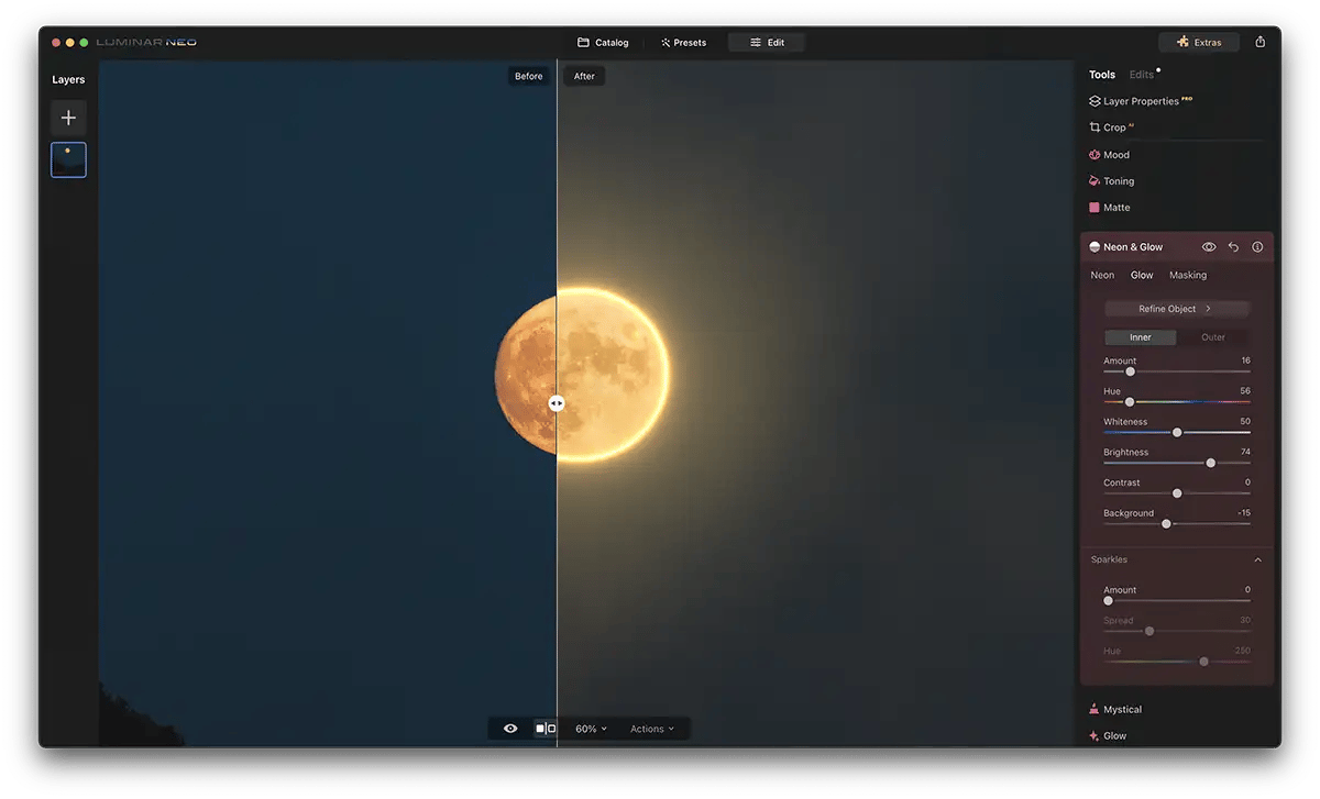 Screenshot of Luminar Neo Neon Glow Effect with a moon