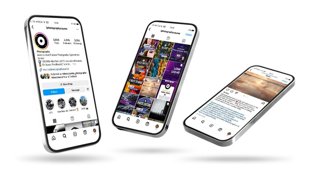 Mockup of mobile phones, sample photos shared on social media