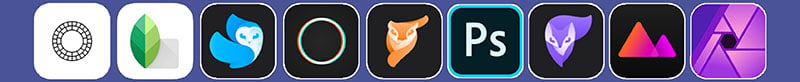 App icons for Lightroom CC, PhotoFox, Polarr, Snapseed, Darkroom, Pixaloop, Quickshot Pro, VSCO, Affinity Photo and Photoshop Mobile &mdash; the ten apps covered in the iPhotography Edit with Apps Course.
