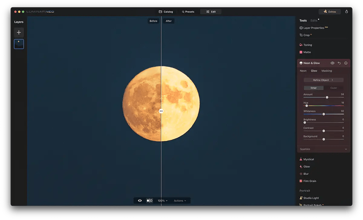 Screenshot of Luminar Neo Neon Glow Effect with a moon