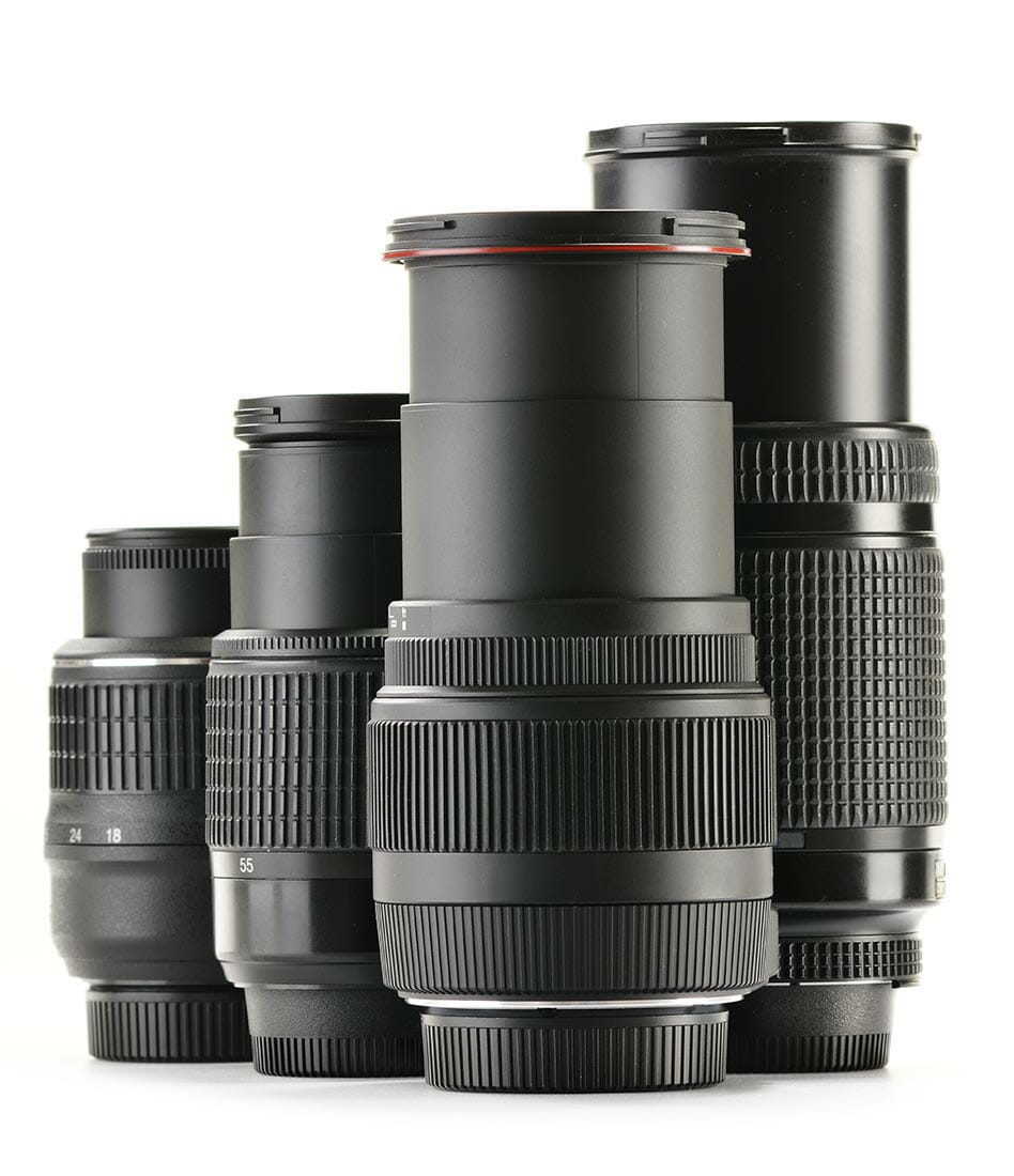 Photo zoom lenses isolated on white background.