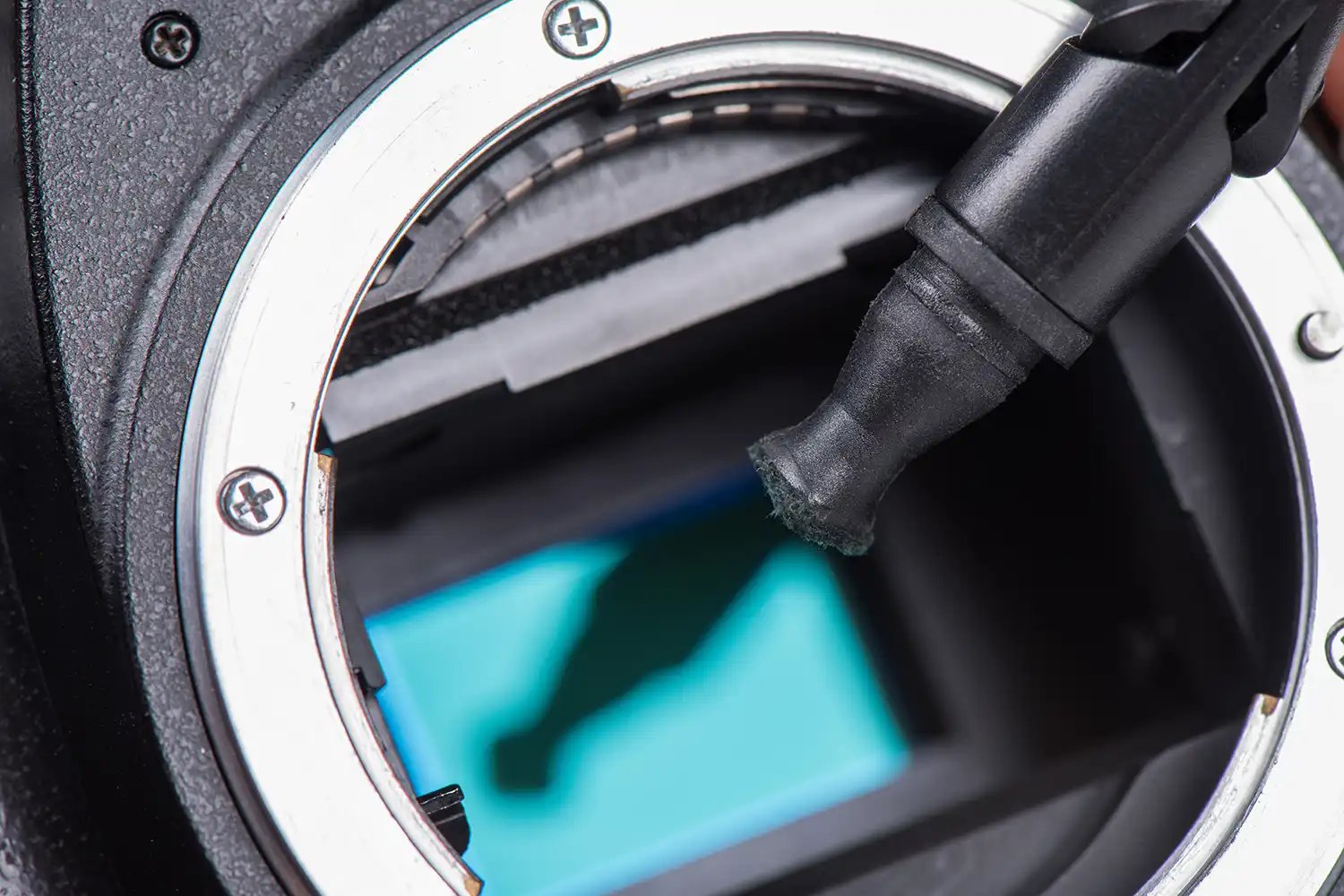 a pencil brush cleaning a digital camera sensor