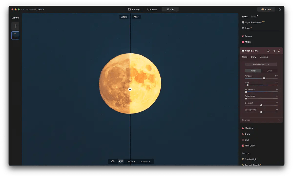 Screenshot of Luminar Neo Neon Glow Effect with a moon