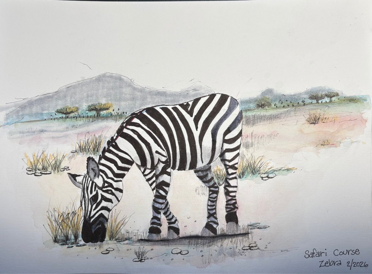 A beautifully executed watercolor and ink sketch of a zebra in profile, grazing in an African savanna landscape. The zebra's striking black and white stripes are rendered in fine detail with pen and ink, while the background features soft watercolor washes depicting rolling mountains, scattered acacia trees, golden grassland, and blue water reflections. The composition captures the animal in a natural, contemplative pose with careful attention to anatomical form and environmental context.