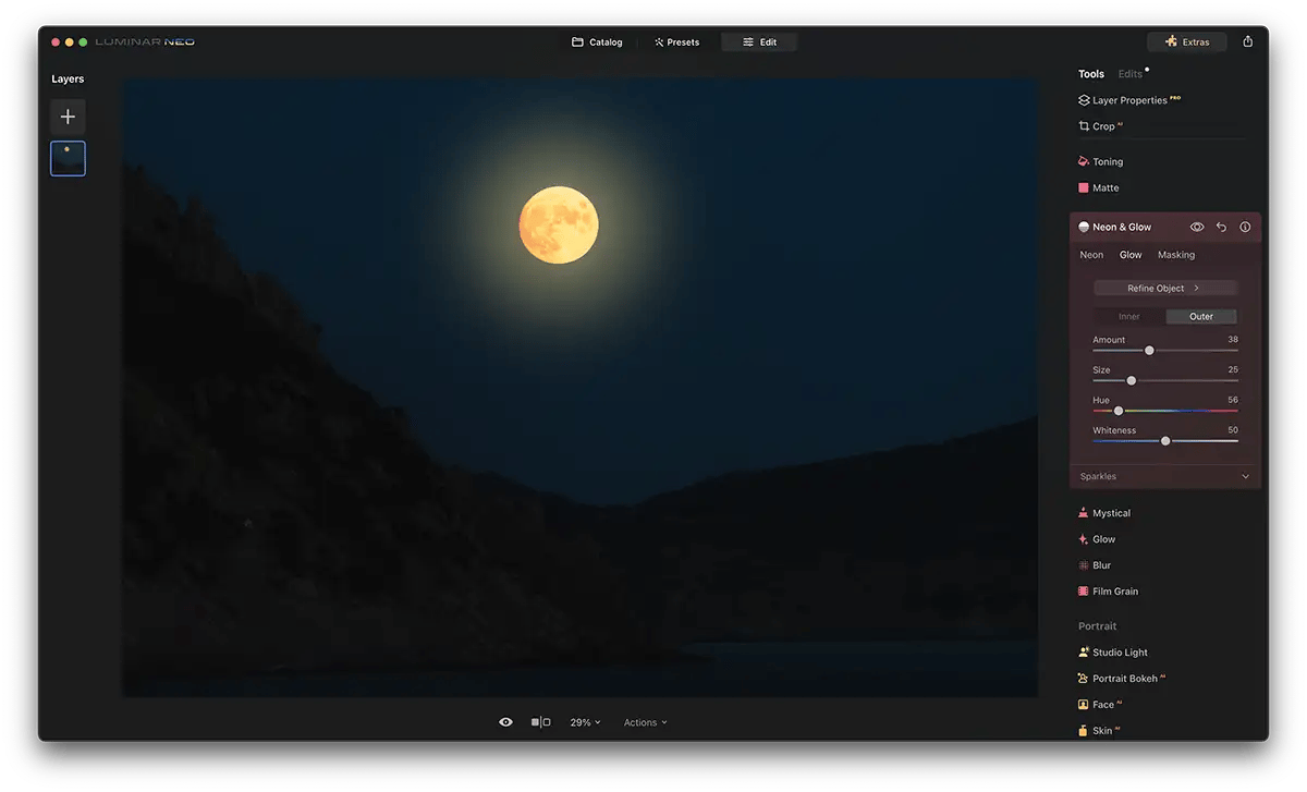 Screenshot of Luminar Neo Neon Glow Effect with a moon