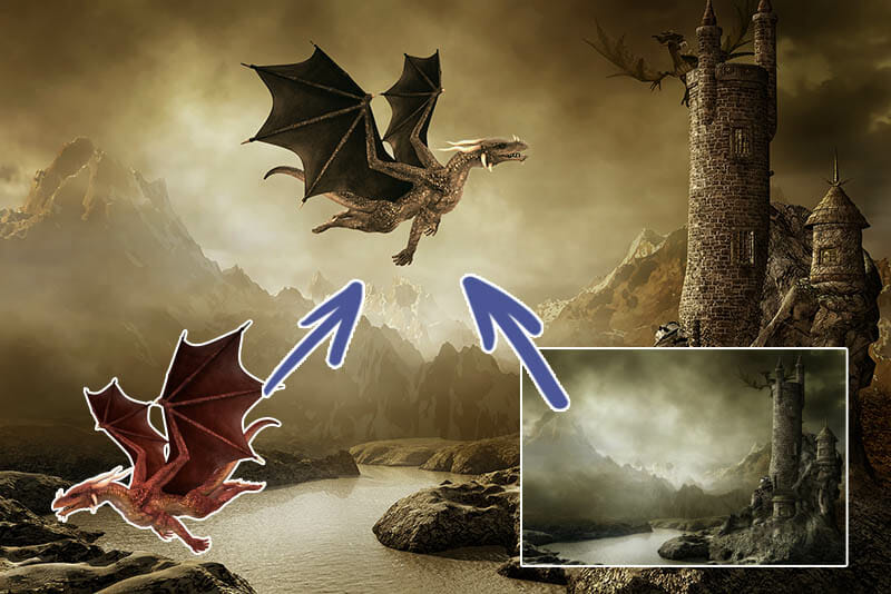 A Photoshop composite demonstrating colour blending between source images.