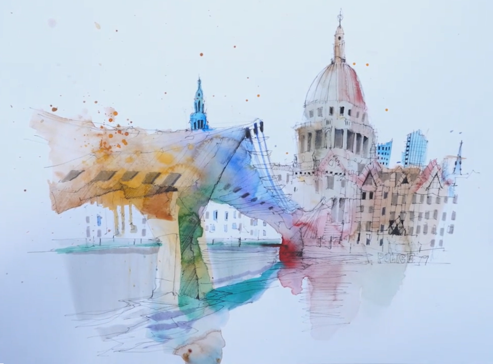 A vibrant watercolor and ink sketch of London's iconic landmarks, featuring the Millennium Bridge and St. Paul's Cathedral prominently. The composition blends precise architectural line work with expressive watercolor washes in blues, oranges, greens, and pinks, creating a dynamic mixed-media illustration. The style combines technical sketching with abstract color splashes that evoke the architectural forms and urban atmosphere of London's South Bank.