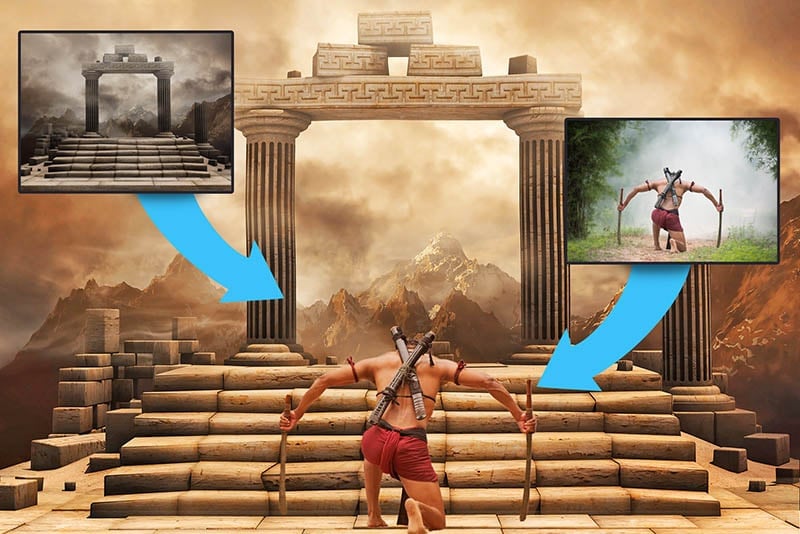 A Photoshop composite blending light sources between layers.