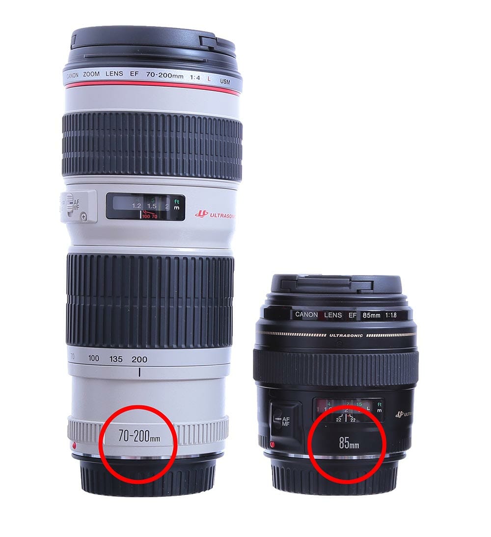 Set of Canon EF lenses containing a 8-15mm fish-eye, a 16-35mm, a 50mm, a 100mm Macro lens, a 24-70mm zoom lens and a 70-200mm tele.