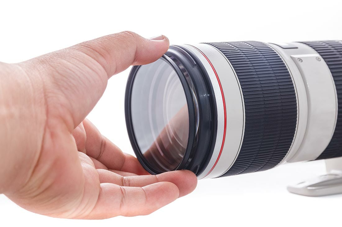 Put filter on front lens camera on white background.