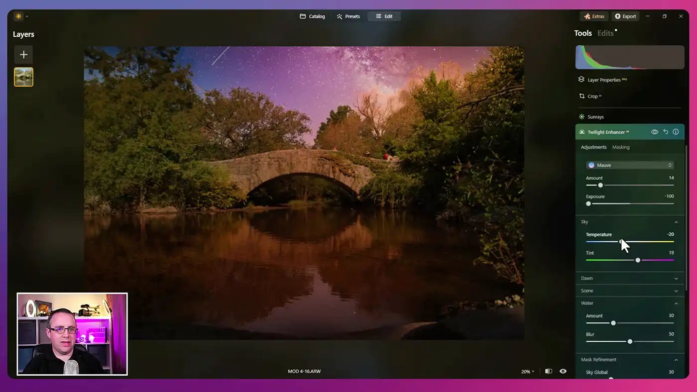 An edited photograph demonstrating the Twilight Enhancer in Luminar Neo.