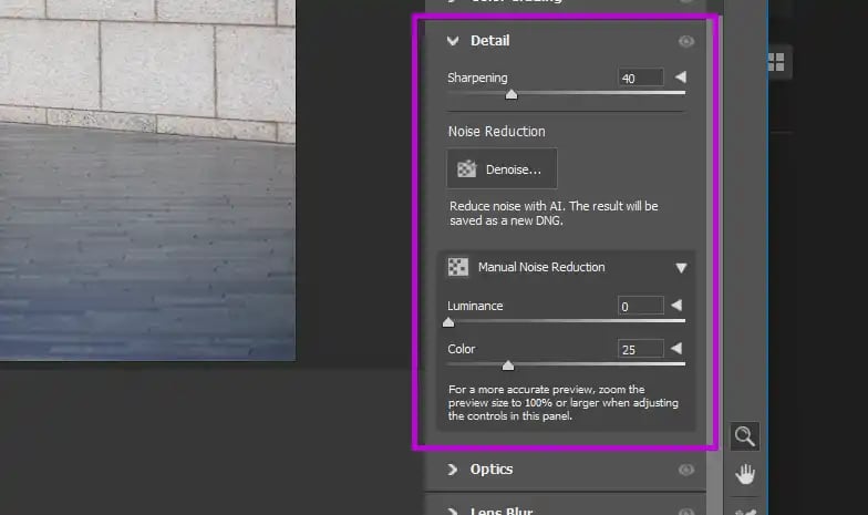 Noise Reduction tool in Lightroom