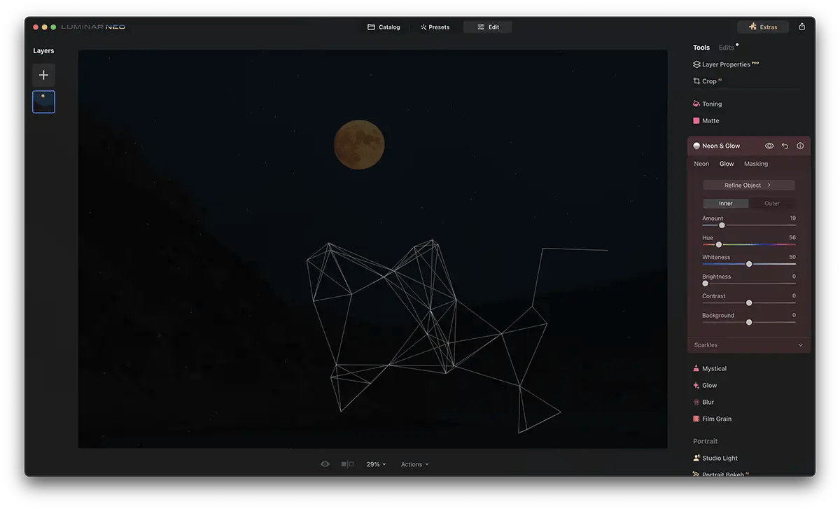 Screenshot of Luminar Neo Neon Glow Effect with a moon
