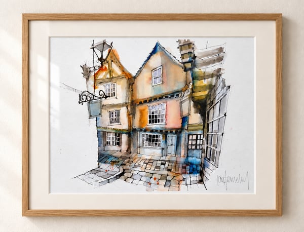 Ian Fennelly's original signed sketch of Little Shambles: two old shopfronts, beams, window reflections, a lamp and a faded sign.
