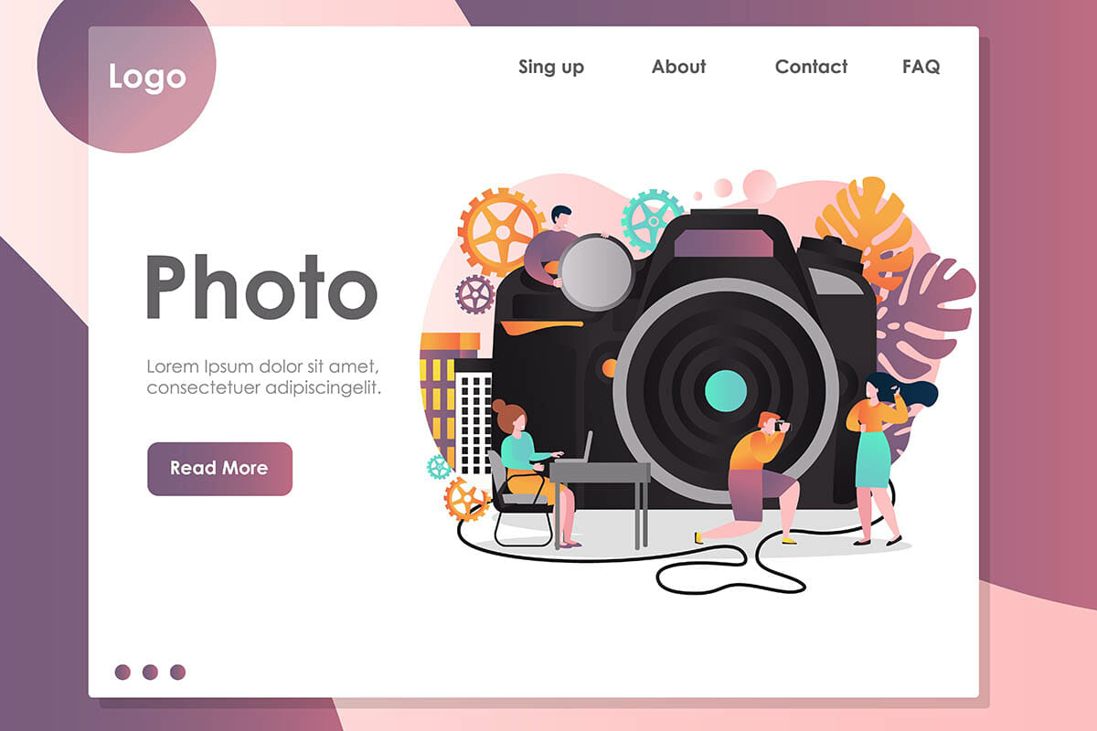 Photo vector website template, web page and landing page design for website and mobile site development. Photography studio service concept.