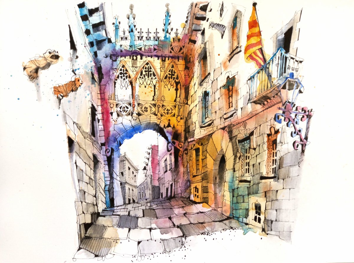 A vibrant watercolor and ink urban sketch depicting a Gothic-style medieval archway with ornate pointed arch windows, set within a historic stone street scene. The composition features architectural details including towers, spires, and Spanish flags, with warm golden and orange tones dominating the central arch, contrasted by cool blues and purples in the shadows and recessed areas. The foreground shows a detailed stone-paved street stretching into perspective, while decorative ink splashes and sketchy linework on the left side add dynamic movement and character to the classical architecture.