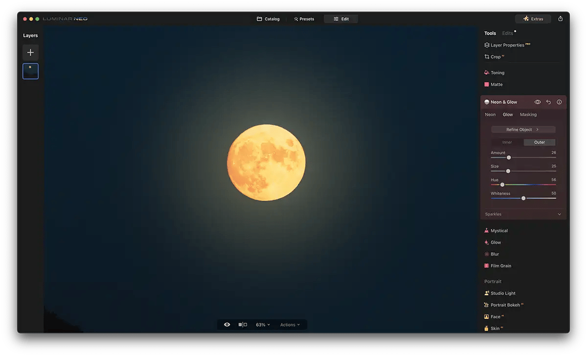 Screenshot of Luminar Neo Neon Glow Effect with a moon