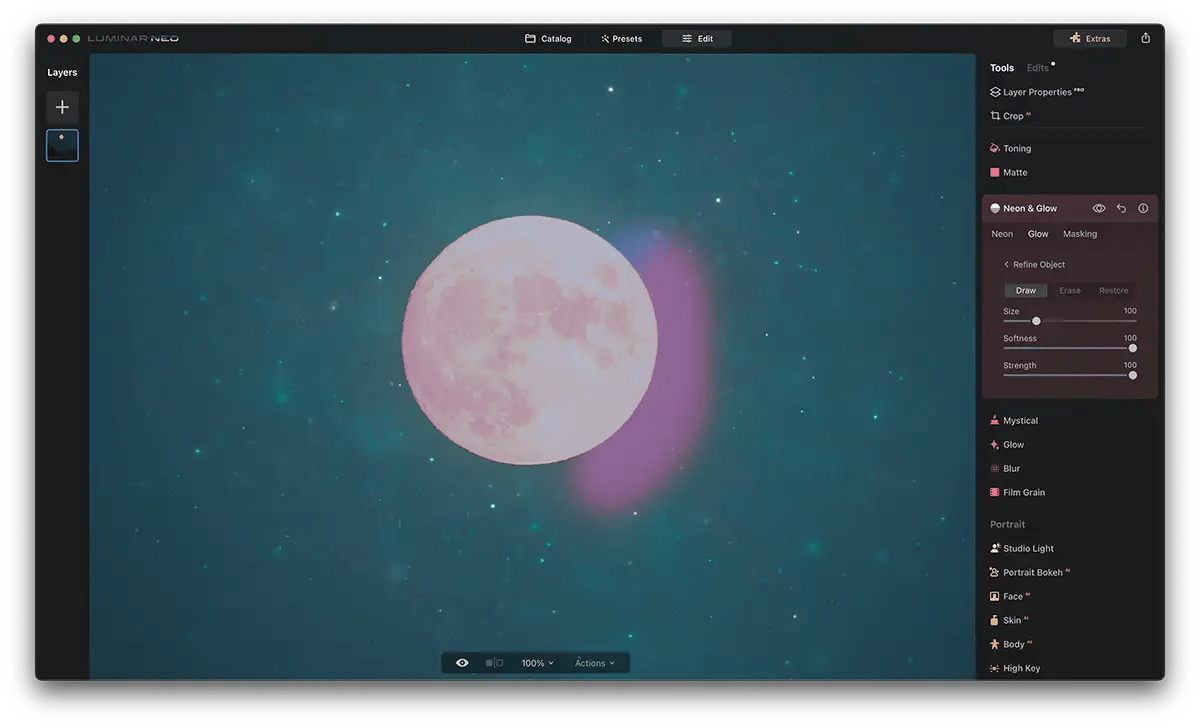 Screenshot of Luminar Neo Neon Glow Effect with a moon