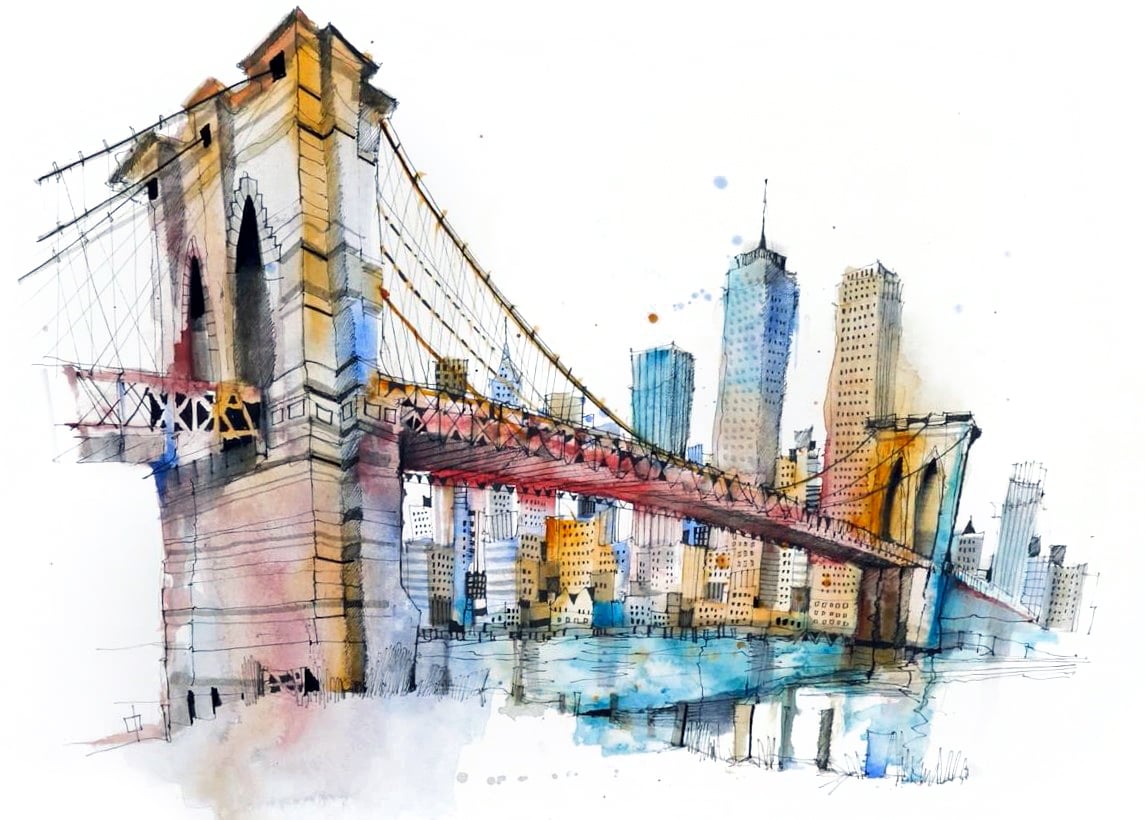 Watercolour sketch of the Brooklyn Bridge with its stone towers and suspension cables, set against the Manhattan skyline.