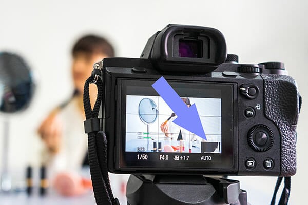 A histogram on the back of a digital camera with a purple arrow pointing at it