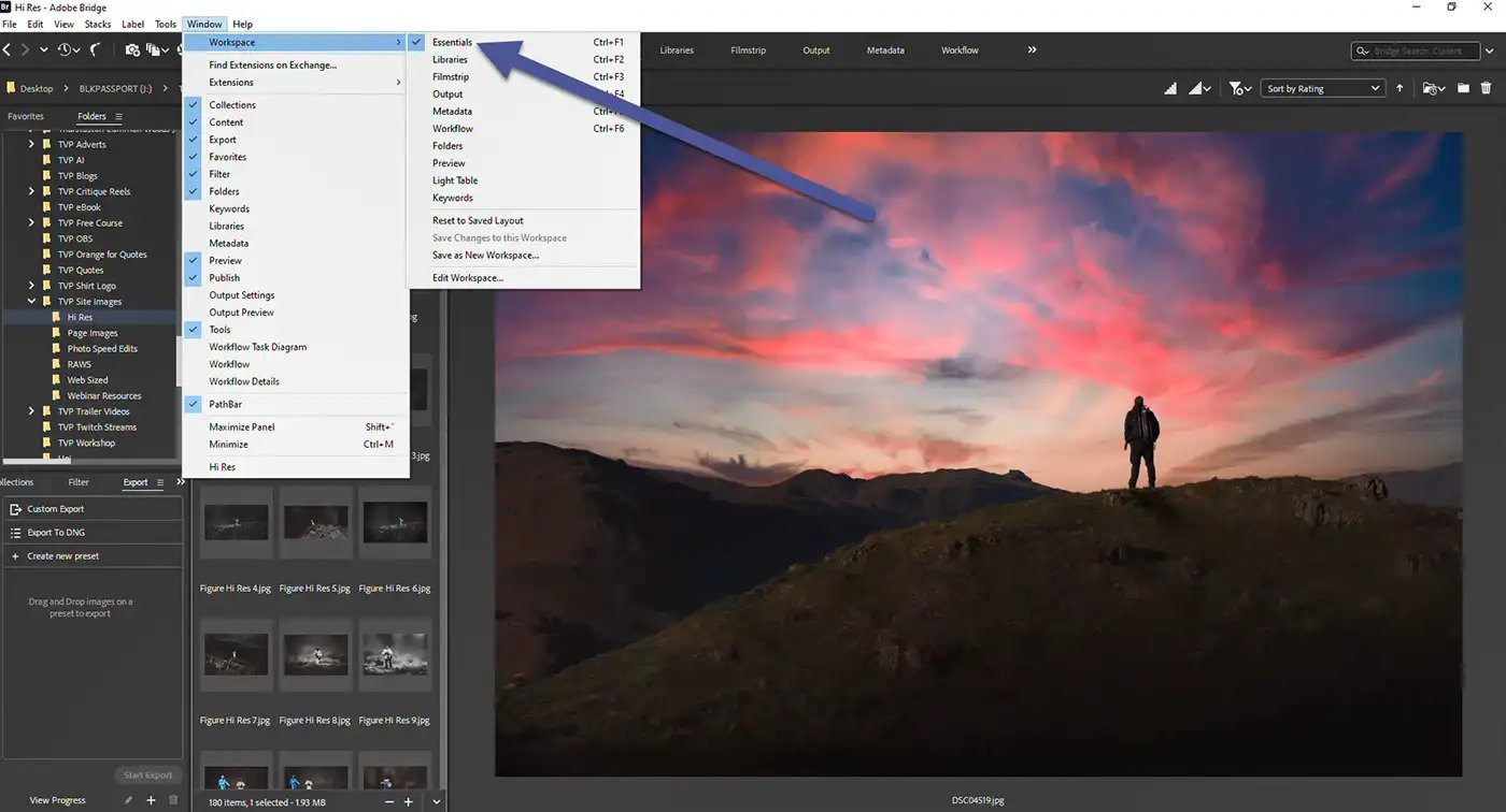 Adobe Bridge screen essentials tab