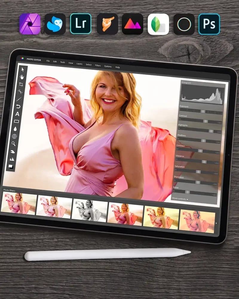 A tablet showing photo-editing apps in use &mdash; the kind of workflow members build after taking the Edit with Apps Course.