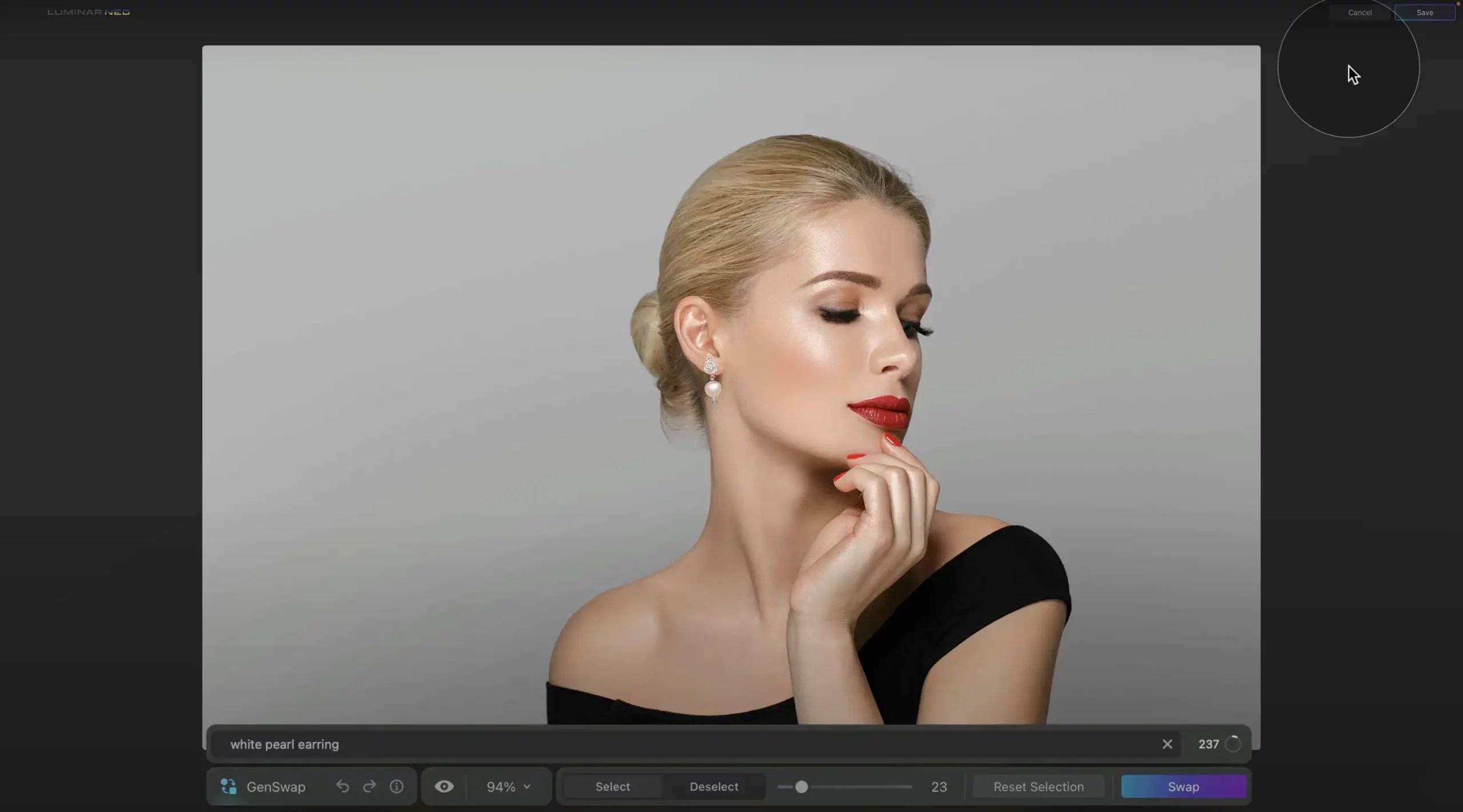 Portrait of a blond female with red lips in a black dress in Luminar Neo