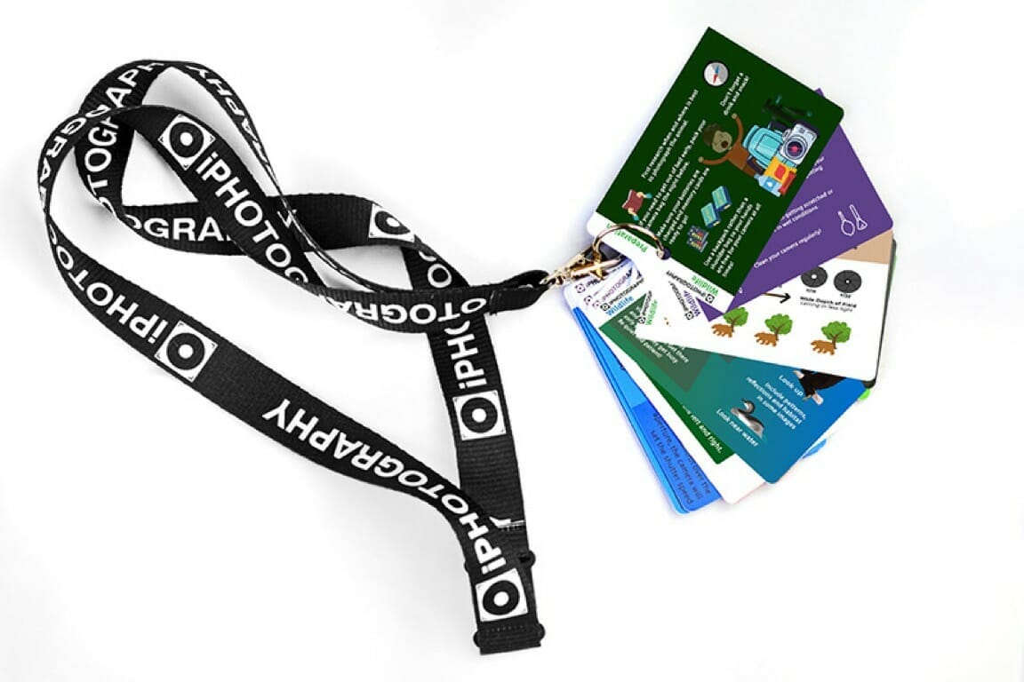 The Wildlife Flip Cards deck, fanned out on its iPhotography lanyard