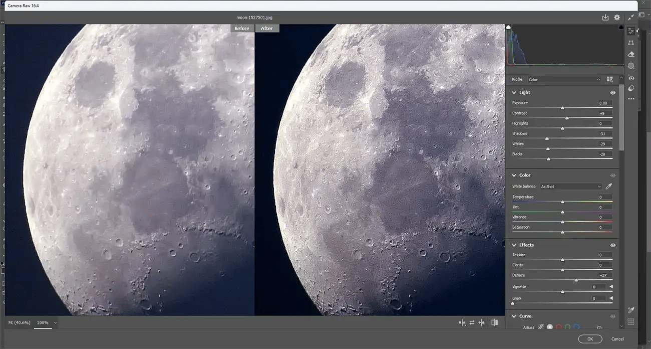 Screenshot of Adobe Camera RAW photo editing of a moon split shot before and after