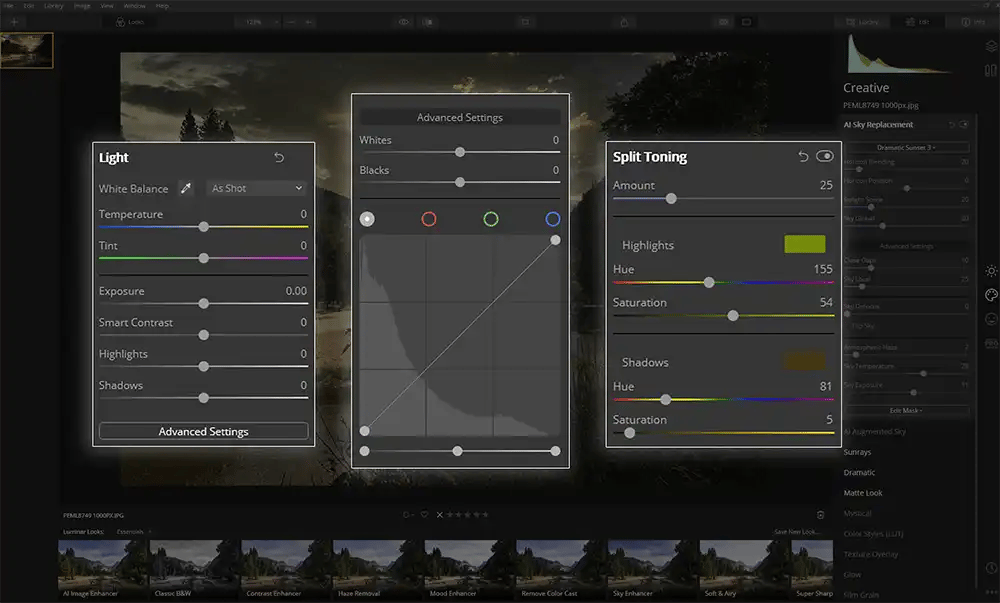 three panels of the luminar neo desktop software