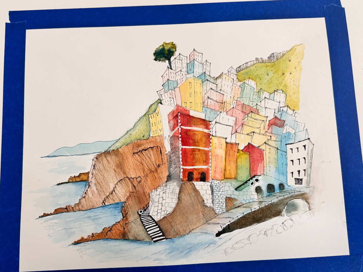 Student watercolour sketch of Riomaggiore by Susan, painted during the 4 Week Experience colour stage
